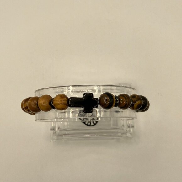 Tiger Eye and Wooden Beaded Bracelet with Stainless Steel Cross + Magnet clasp - Picture 9 of 10